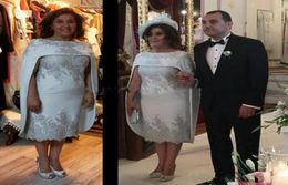 Light Grey Mother of the Bride Dress with Cape Tea Length Lace Sequins and Beads Plus Size Mother Groom Dress Godmother Evening We1683552