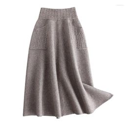 Skirts 2024 High Waist Women Winter Wool Knitting Long Faldas Jupe Femme Saia Vintage Black Skirt With Pocket