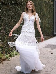 Bohemian V-Neck Tassel Wedding Dresses A-Line Sleeveless Appliques Lace Country Bridal Gown