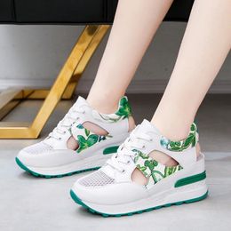 Fitness Shoes Drop Women White Leather Casual Woman Lace Up Vulcanize Summer Breathable Mesh Wedge Heel Sneakers