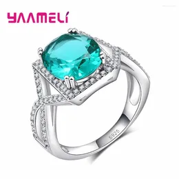 Cluster Rings 925 Sterling Silver And CZ Generous Elegant Green Round Crystal Stone Geometric Ring Jewelry For Thanksgiving Day Women