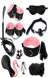 10pcs PU Leather Sex Bondage Set BDSM Restraints Sex Toys Adult Game Hand CuffsFootcuffWhipBlindfoldMouth GagBreast Clip Y21985916