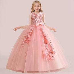 Formal Summer Evening Party Princess Dresses For Girl Bow Bridesmaid Gown Pageant Lace Girls Dress Wedding Costume