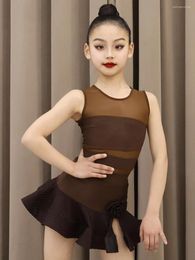 Stage Wear 2024 Summer Latin Dance Clothes Kids Girls Sleeveless Brown Suit Traning Practise Dress Cha Rumba DNV19675