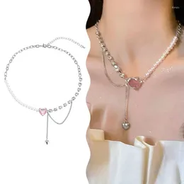 Chains Korean Pearl Zircon Heart Pendant Necklace For Women Girls Punk Link Chain Choker Asymmetrical Clavicle Y2K Aesthetic