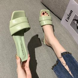 Casual Shoes Korean Style Fashion Small Fresh Green Womens Slippers Square Toe Low-heeled Slides Simple Open-toe Outdoor Sandals