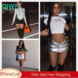 Skirts 5Pcs Bulk Wholesale Shiny Flocking Women Sexy Bodycon Hip Mini Skirt Bright Colour Waterproof Zipper Dress Clubwear 10316