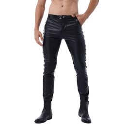 Mens Skinny Long Pants Shiny Wet Look Faux Leather Legging Mid Waist Straight Trousers Sexy Party Nightclub Stage Show Costume 240419