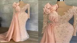 2022 Peach Pink Long Sleeve Evening Formal Dresses Sparkly Lace Beaded Illusion Mermaid Aso Ebi African Evening Gowns BC10885 B0611225667