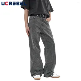 Men's Jeans Washed Distressed Smoke Grey Mens Streetwear Wide Leg Straight Loose Denim Trousers Men