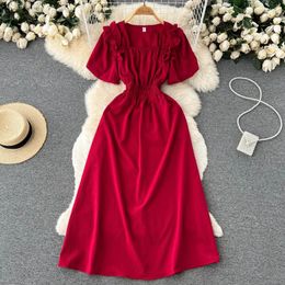 Casual Dresses Vintage Elegant Pleated Square Neck Short Sleeve Dress A-line Fashion Chiffon Spring Autumn Vestidos Women