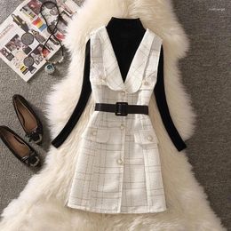 Work Dresses Half High Collar Acrylic Knitted Pullover Sweater Women's Dress Sets Plaid Waist With Belt Single Breasted Two Piece Set