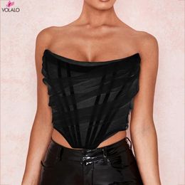 Women's Tanks VOLALO Boned Mesh Corset Tank Top Women Strapless Boning Bustier See Through Sexy Crop Off Shoulder Ruched Tee Tops