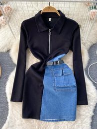 Casual Dresses Vintage Short Denim Dress Patchwork Design A-line Woman Elegant Lapel Zipper Long Sleeves Female Holiday Vestidos