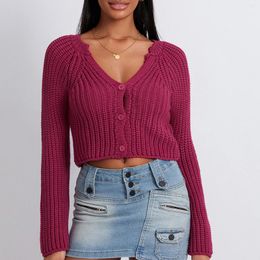 Women's Knits Fashion Cropped Sweaters Casual Solid Colour Knitted Button Up Cardigans Warm Fall Knitwear For Streetwear