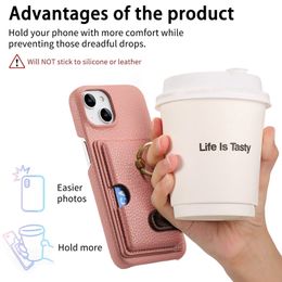 Design Multifunction Phone Case Iphone Cases Ring Kickstand Pure Color Card Insert Lichee Pattern Leather Wallet Anti Drop brown For IPhone 15 Plus 14 13 12 11 Pro Max x