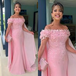 Chic pink mermaid Mother Of The Bride Dresses cape appliqued off shoulder Wedding Guest Dress floor length chiffon Evening Gowns