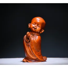 Decorative Figurines 3.1" Chinese Box-wood Hand Engraving Buddhism Little Monk Statue Craft Gift Decoration Home Decore