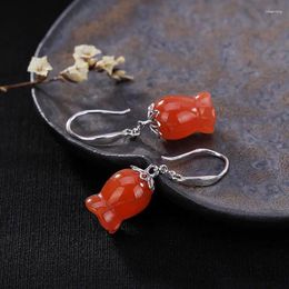 Dangle Earrings Natural Hetian Jade Flower Inlaid S925 Sterling Silver Southern Red Agate Lily Retro Personalised Ornament