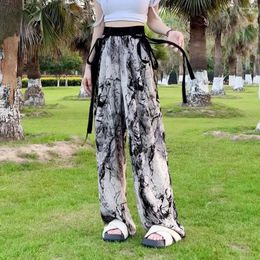 Women's Pants Chiffon Wide Leg Chinese-style Ink Bamboo Print With Streamer Decoration Summer Trousers