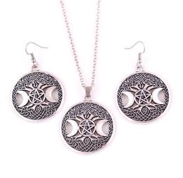 Gold Triple Moon Goddess Wicca Pentagram Magic Amulet Pendant Women Tree Moon Necklaces Earring Set Jewelry2354945