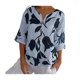 Women's Blouses Summer Shirt Women V-neck Buttons Decor 3/4 Sleeve Blouse Printed Loose Pullover Tops Streetwear