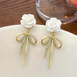 Dangle Earrings Golden Bow White Flower Drop For Women Trendy Wedding Party Jewelry Unique Crystal Long Gift