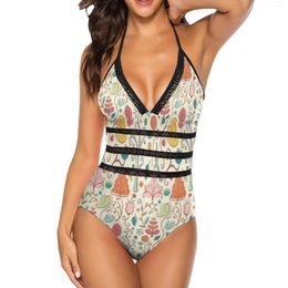 Women's Swimwear Plant Pattern Colour 3 Black Mesh Swimsuit One Piece Backless Sexy Beach Wear Summer Bathing Suits Pastels Pink Orange