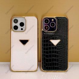 Luxury crocodile patterned gold border fully wrapped iphone case for Apple 15 promax 11 12 13 14 Pro Max plus fall protection case, designer runway triangle 051