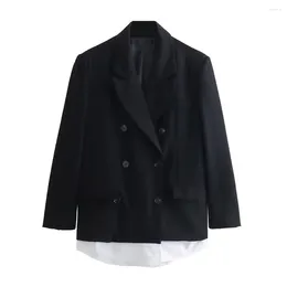 Women's Suits UNIZER2024 Spring Product Casual Polo Collar Long Sleeved Double Breasted Contrast Poplin Panel Suit Coat