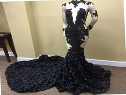 2K18 Black Girl Mermaid Prom Dresses Plus Size High Neck Long Sleeves Appliqued Evening Dress Attractive 3D Rose Floral Prom Party5190739