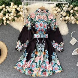 Casual Dresses Vintage Elegant Women Print Dress Long Sleeve Blooming Abstract Pattern Slim Spring Summer Vestidos B340