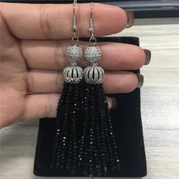 Dangle Earrings Bohemia Black Beaded Tassel Paved CZ Ball Drop Long Earring Woman Party Statement