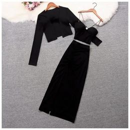 Work Dresses Women Black Suit Vest Crop Top Cardigan And Midi Long Skirt Three Piece Set Ladies Spring Summer Matching Outfit 3 Pcs Clothes