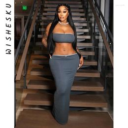 Work Dresses Two Piece Set Women Stretch Solid Outfits Sexy Tube Corset Crop Top High Waist Slim Fit Long Skirt 2024 Summer Y2K Clothes