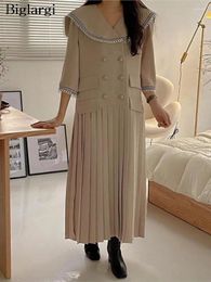 Casual Dresses Spring Long Dress Women Ruffle Pleated Korean Style Loose Ladies Print Patchwork Elegant Fashion Sleeve Woman