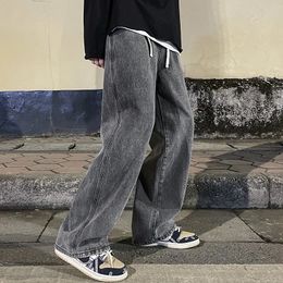 Korean Fashion Mens Baggy Jeans Elastic Waist Classic olid Color Straight-leg Denim Wide-leg Pants Male Light Blue Grey Black 240423