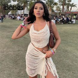 Work Dresses Crochet Knitted Women 2 Piece Set Sleeveless Tassel Tank Top Slim Hip Skirts Matching 2024 Summer Holiday Beach