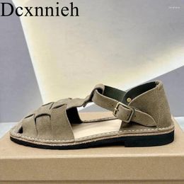 Casual Shoes 2024 Summer Round Knitted Sandals Women's Genuine Leather Flat Outdoor Leisure And Vacation Roman