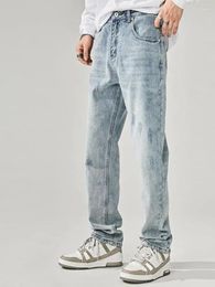 Men's Jeans With Pockets Ripped Holes Man Cowboy Pants Broken Torn Trousers Light Blue Straight Spring Autumn 2024 Korean Summer