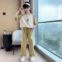 Clothing Sets 2024 Summer Teen Girls Clothes Suit Loose Short T-shirt Straight Striped Pants Children Set Tracksuit Kids 4 To14 Years