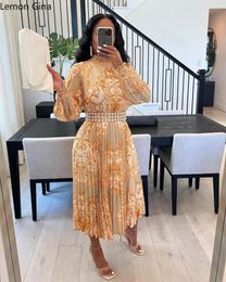 Casual Dresses Lemon Gina Fashion Women Long Sleeve Paisley Pearl High Waist Pleated Dress 2024 Vintage Stand Collar Vestidos