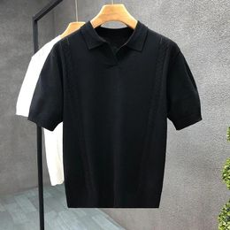 Men's Polos Summer Breathable Knitting Polo Shirt Men Fashion Simple Solid Colour Knit Tops For Mens Casual Short Sleeve Button Tee