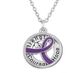 GX055 Cancer Awareness Purper Ribbon Silver Plated Strength Hope Courage love letters hollow round Pendant Necklace For Gift4915069