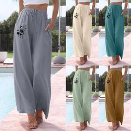 Women's Pants Women Leisure Printing High Waisted Wide Leg Fashion Drawstring Elastic Trousers Comfy Straight Long For Beach