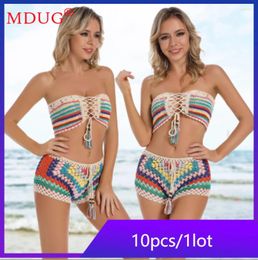 Women's Swimwear 10sets Sexy Knitted Bikini Set Bulk Items Wholesale Lots Women Summer Swimwears Beach Strapless Shorts Swimsuits Y2k M13426