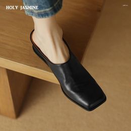 Slippers Summer Women Mules Genuine Leather Shoes For Cover Toe High Heel Concise Square Strange Sandals