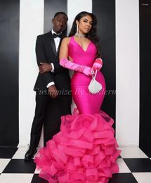 Party Dresses Mermaid Fuchsia Long Prom V Neck Ruffles Floor Length Saudi Arabia Gowns Formal Dress