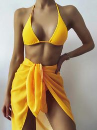 Women's Swimwear Three Piece Bikini Triangle Solid Sheer Skirt Drawstring Swimsuit 2024 Sexy Beach Women Vintage Bathing Suit