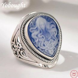 Cluster Rings S925 Sterling Silver For Women Fashion Ancient Beauty God Waterdrop Shaped Shell Agate Relief Jewelry